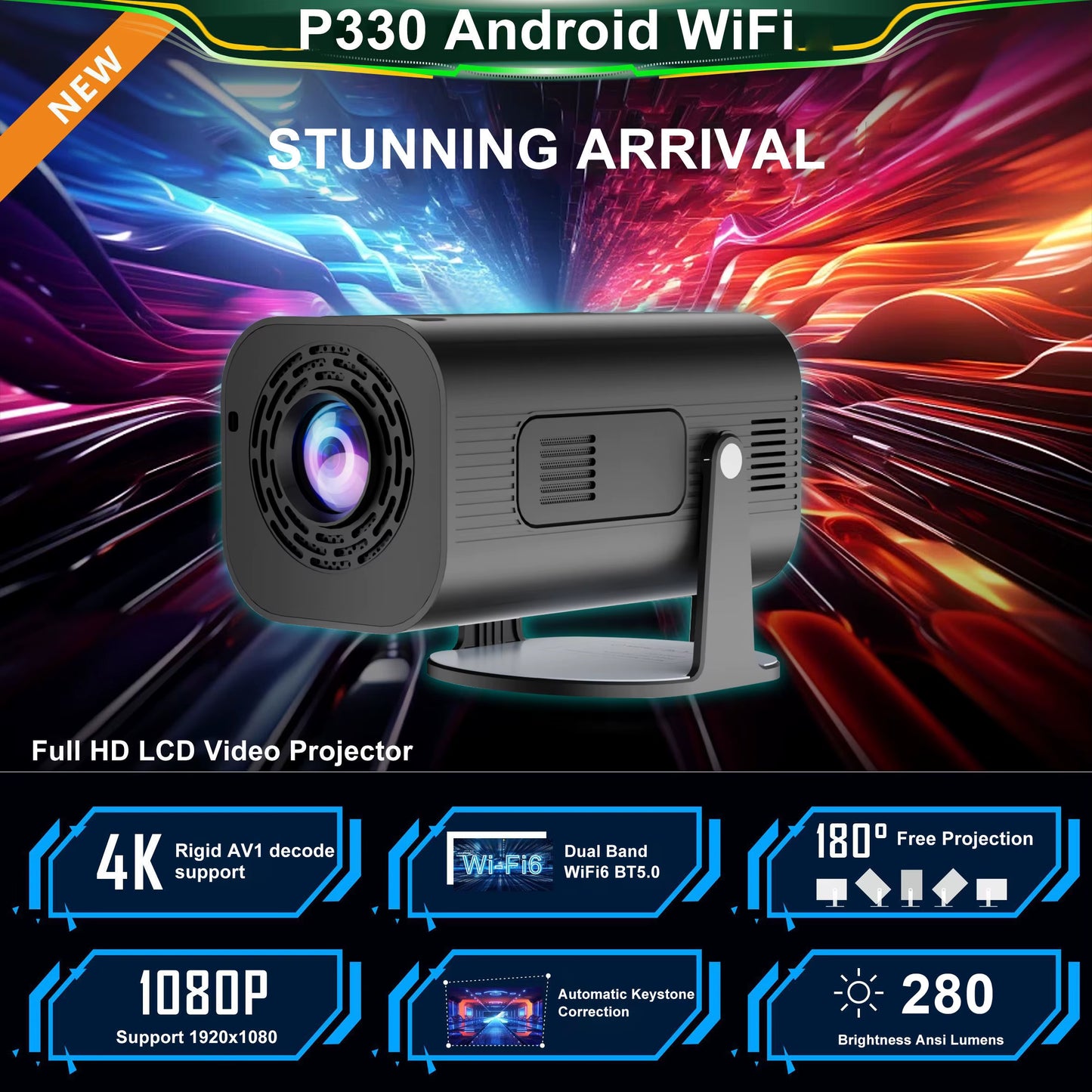 P330 Android 11 280 ANSI Projector 4K 8K Native 1080P Wifi6 BT5.0 Cinema Outdoor Portable Mini Projetor