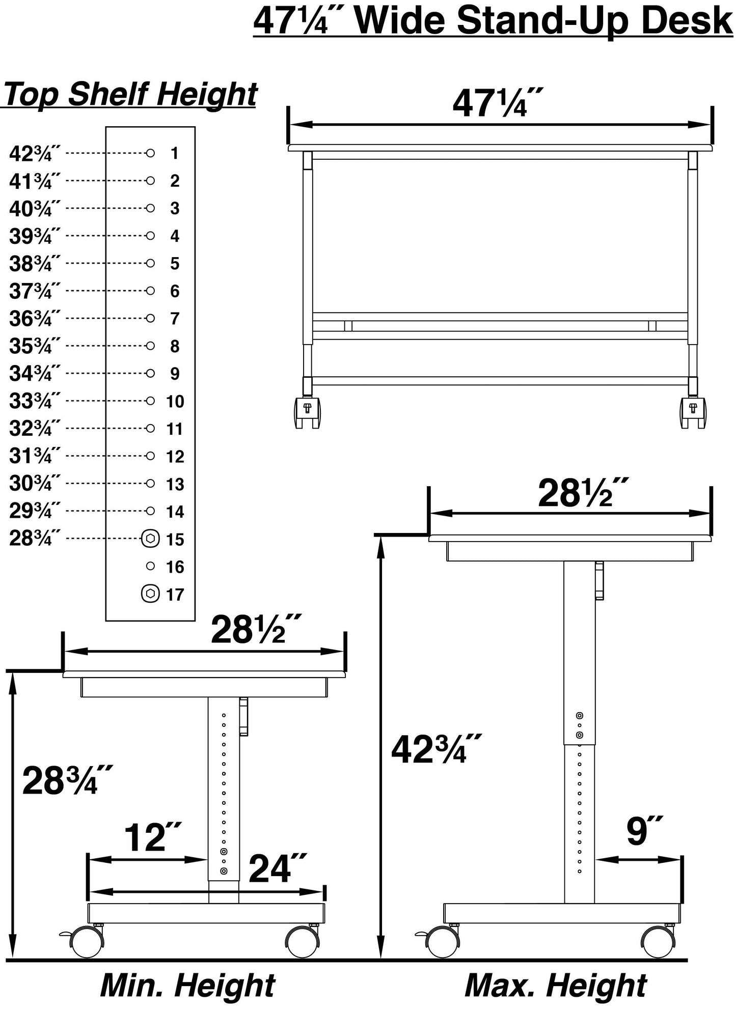 Rolling Adjustable Height Mobile Standing Desk with Monitor Mount (Silver Frame/Matte Black Top, 48" Wide)