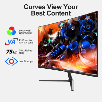 24” Curved Monitor 75Hz Full HD 1080P, Ultra-Thin Non-Frame Gaming Display with AMD Freesync HDMI VGA Machine Black