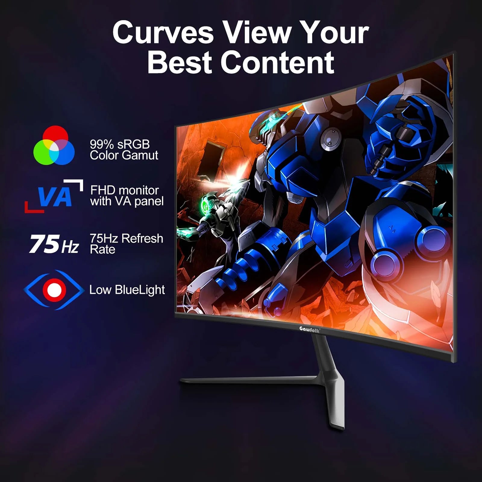24” Curved Monitor 75Hz Full HD 1080P, Ultra-Thin Non-Frame Gaming Display with AMD Freesync HDMI VGA Machine Black