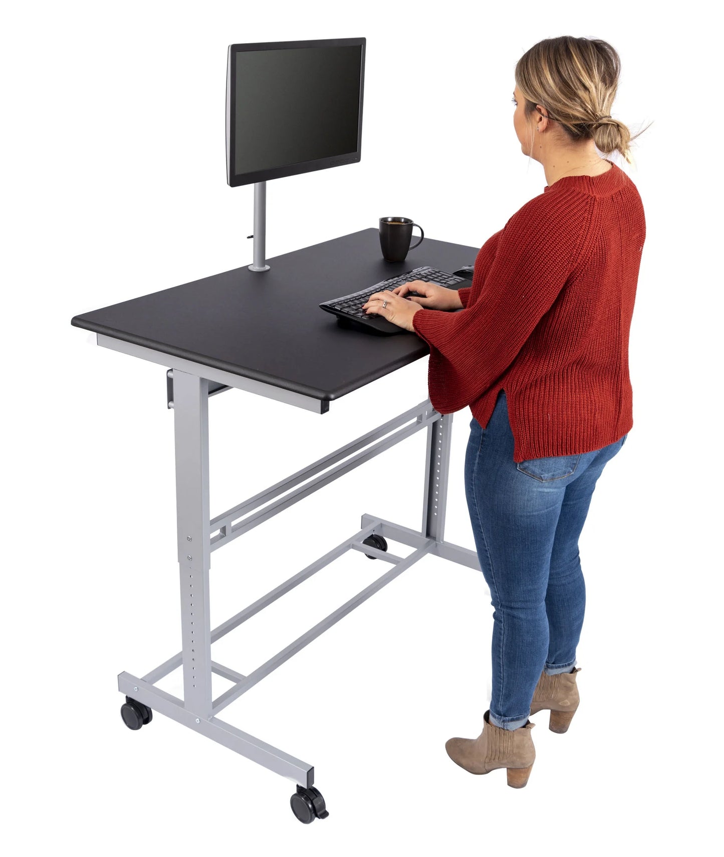 Rolling Adjustable Height Mobile Standing Desk with Monitor Mount (Silver Frame/Matte Black Top, 48" Wide)
