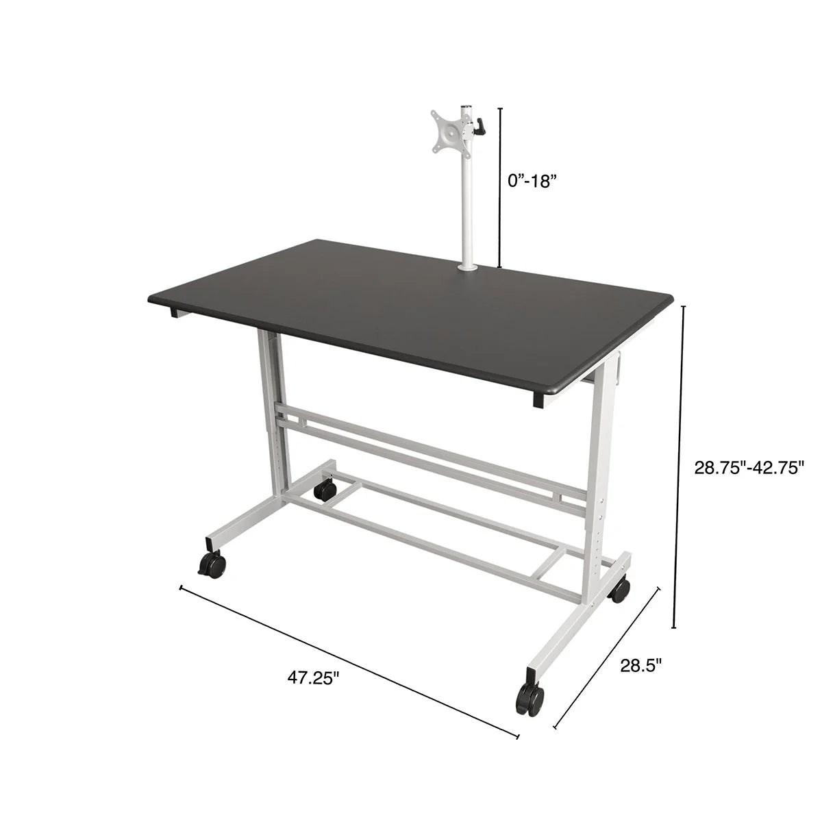 Rolling Adjustable Height Mobile Standing Desk with Monitor Mount (Silver Frame/Matte Black Top, 48" Wide)