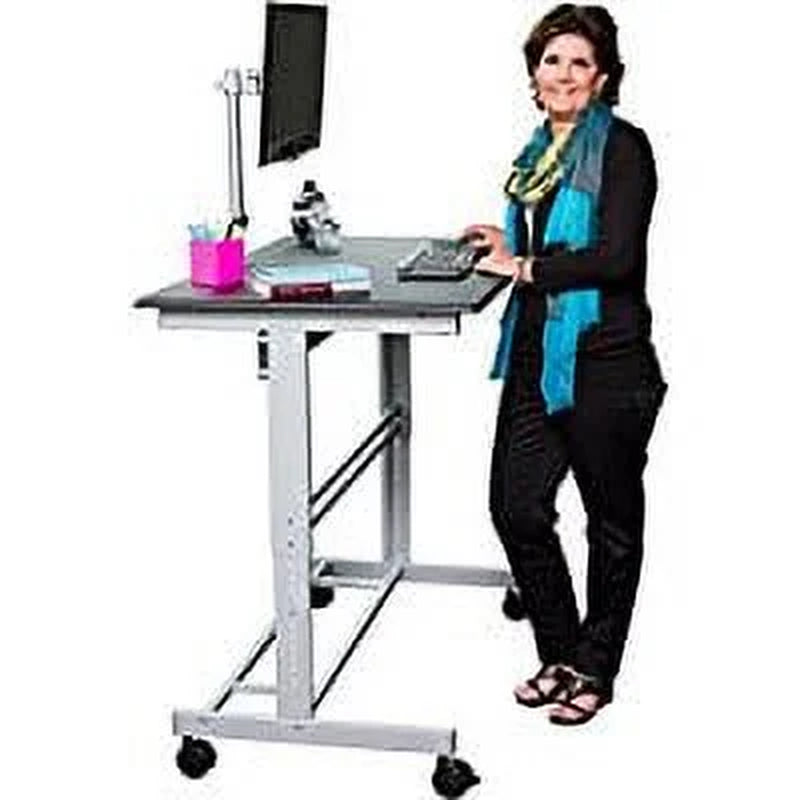 Rolling Adjustable Height Mobile Standing Desk with Monitor Mount (Silver Frame/Matte Black Top, 48" Wide)