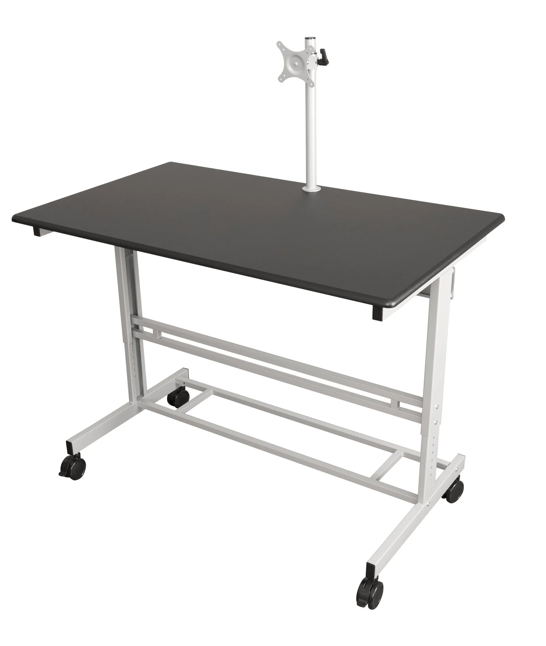 Rolling Adjustable Height Mobile Standing Desk with Monitor Mount (Silver Frame/Matte Black Top, 48" Wide)